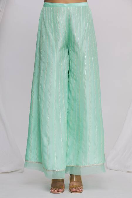 Shop_Ekta Singh_Green Silk, Organza Floral, Mirror Work Round Embroidered Kurta Sharara Set _Online_at_Aza_Fashions