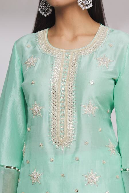 Ekta Singh_Green Silk, Organza Floral, Mirror Work Round Embroidered Kurta Sharara Set _at_Aza_Fashions