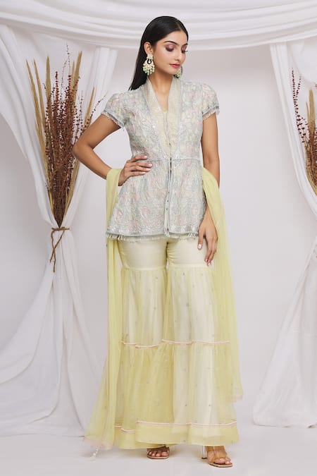 Ekta Singh_Yellow Organza Abstract Motifs V Neck Embroidered Gharara Set With Jacket _Online_at_Aza_Fashions