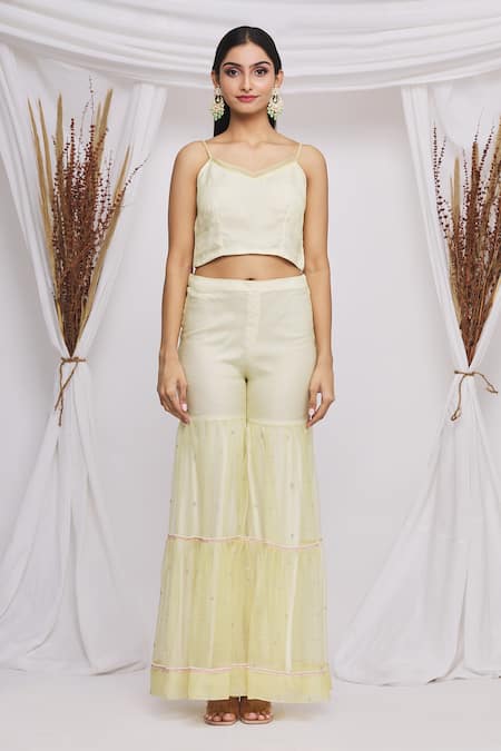 Buy_Ekta Singh_Yellow Organza Abstract Motifs V Neck Embroidered Gharara Set With Jacket _Online_at_Aza_Fashions