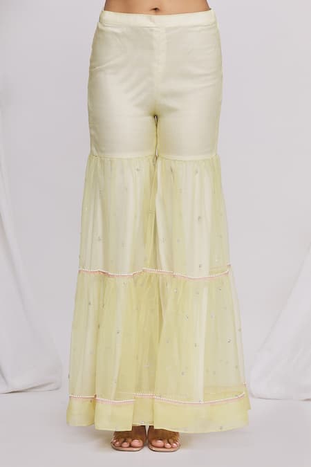 Shop_Ekta Singh_Yellow Organza Abstract Motifs V Neck Embroidered Gharara Set With Jacket _Online_at_Aza_Fashions