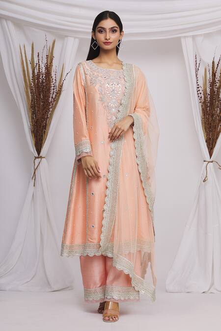 Ekta Singh_Peach Silk Floral, Mirror Work Round Embroidered Kurta Pant Set _Online_at_Aza_Fashions