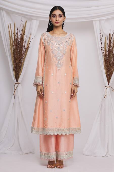 Buy_Ekta Singh_Peach Silk Floral, Mirror Work Round Embroidered Kurta Pant Set _Online_at_Aza_Fashions