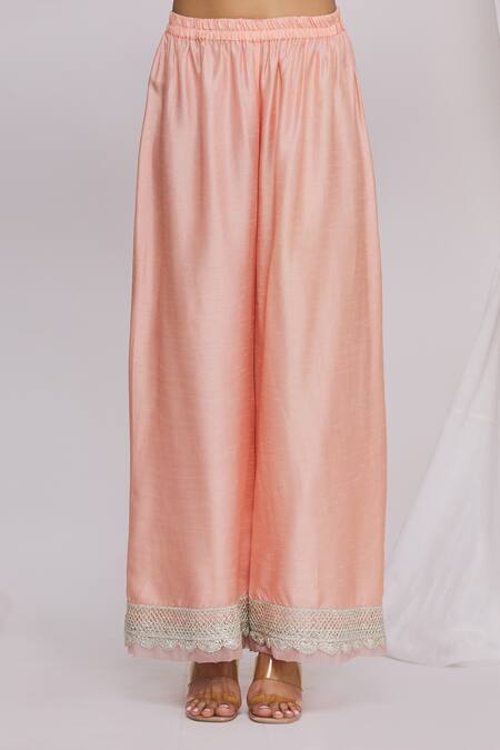 Shop_Ekta Singh_Peach Silk Floral, Mirror Work Round Embroidered Kurta Pant Set _Online_at_Aza_Fashions