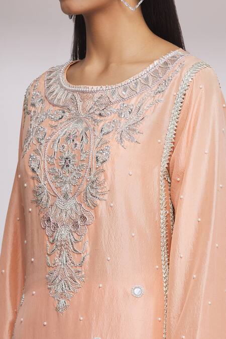 Ekta Singh_Peach Silk Floral, Mirror Work Round Embroidered Kurta Pant Set _at_Aza_Fashions
