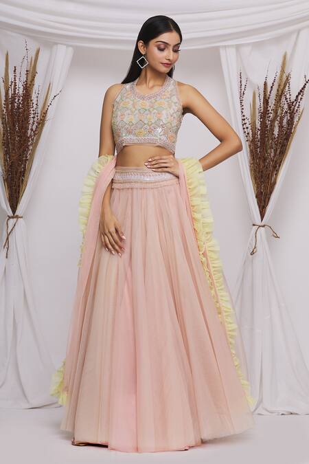 Ekta Singh_Pink Net Floral Motifs Leaf Neck Lehenga Set With Ruffle Dupatta _Online_at_Aza_Fashions