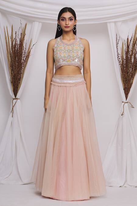 Buy_Ekta Singh_Pink Net Floral Motifs Leaf Neck Lehenga Set With Ruffle Dupatta _Online_at_Aza_Fashions