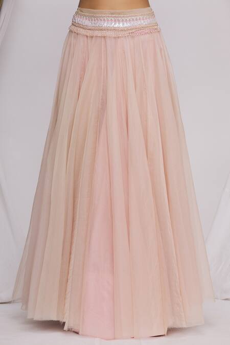 Shop_Ekta Singh_Pink Net Floral Motifs Leaf Neck Lehenga Set With Ruffle Dupatta _Online_at_Aza_Fashions