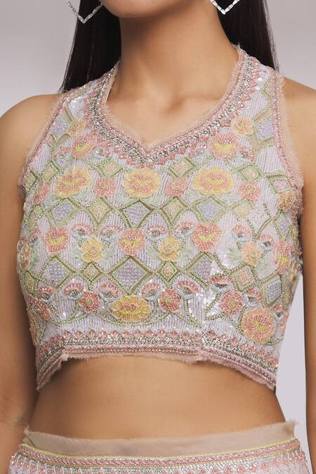 Ekta Singh_Pink Net Floral Motifs Leaf Neck Lehenga Set With Ruffle Dupatta _at_Aza_Fashions