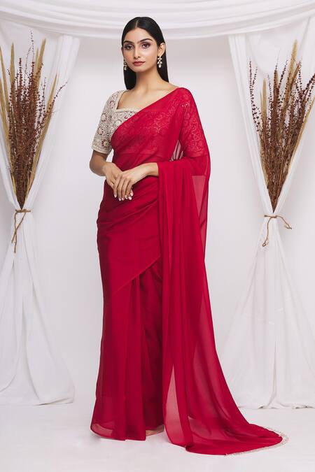 Solid Color Chiffon Saree in Red - Ucchal Fashion