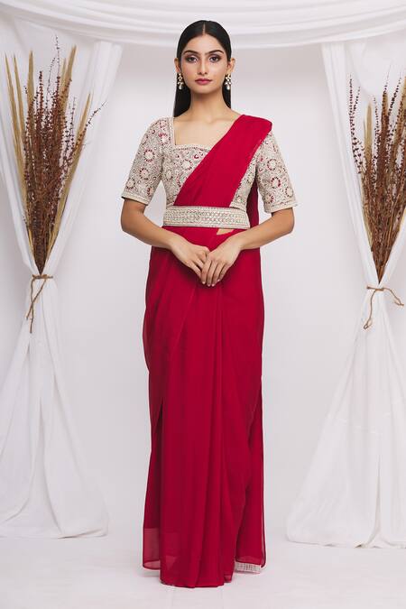 Buy_Ekta Singh_Red Chiffon Floral Motifs Square Neck Saree With Embroidered Blouse _Online_at_Aza_Fashions