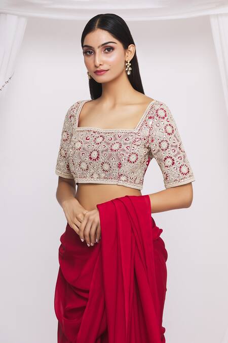 Shop_Ekta Singh_Red Chiffon Floral Motifs Square Neck Saree With Embroidered Blouse _Online_at_Aza_Fashions