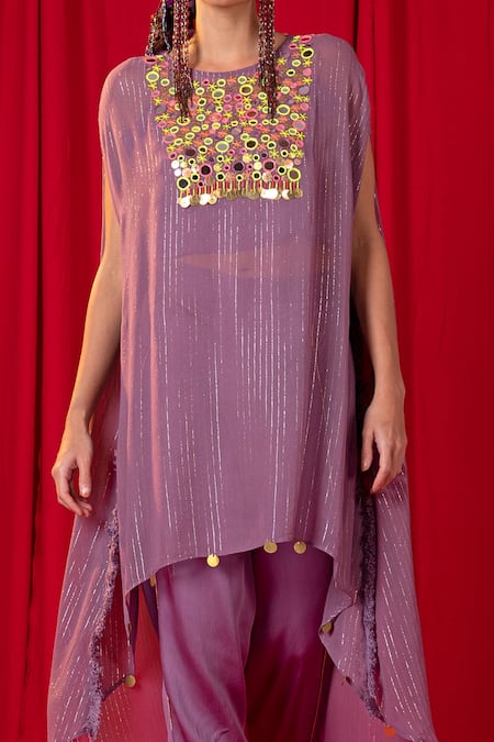 Enech_Purple Shimmer Georgette Jhalar Kimono Tunic And Tulip Pant Set  _Online_at_Aza_Fashions