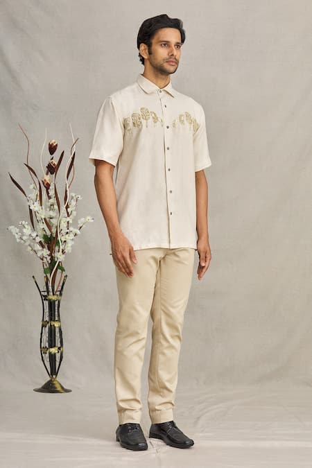 Buy Beige Linen Embroidered Folk Art Shirt For Men by Ekam By Manish Online  at Aza Fashions.