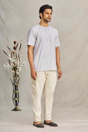 Ekam By Manish_Grey Cotton Striped Shirt_Online_at_Aza_Fashions