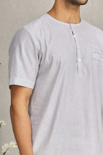 Ekam By Manish_Grey Cotton Striped Shirt_at_Aza_Fashions