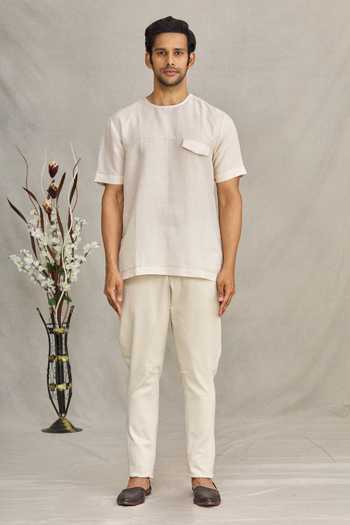 Buy_Ekam By Manish_Beige Cotton Linen T-shirt_Online_at_Aza_Fashions