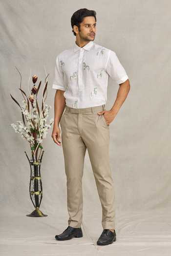 Ekam By Manish_Grey Cotton Plain Trouser_Online_at_Aza_Fashions