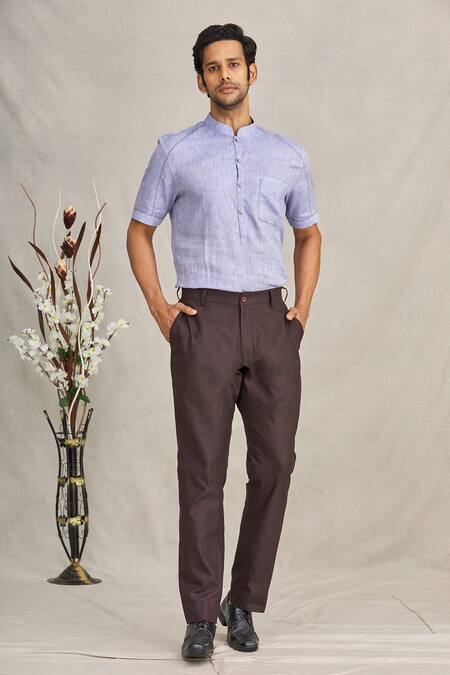 Shop_Ekam By Manish_Brown Cotton Plain Polo Trouser_at_Aza_Fashions