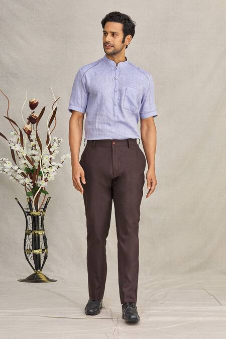 Ekam By Manish_Brown Cotton Plain Polo Trouser_Online_at_Aza_Fashions