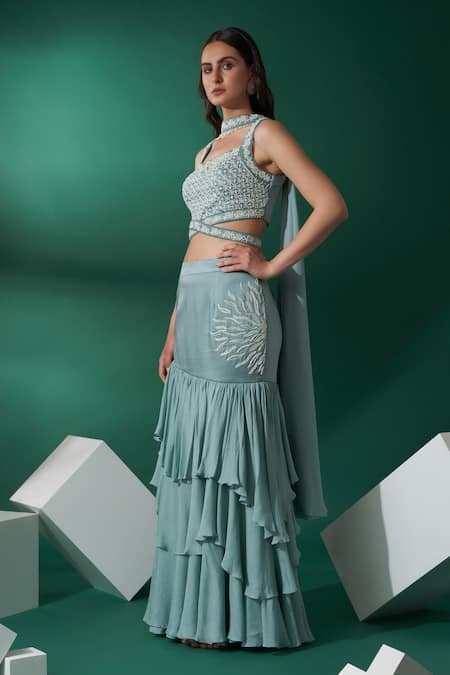 Suruchi Parakh_Green Satin Silk, Georgette Crepe Geometric Motif V Neck Layered Lehenga Set _Online_at_Aza_Fashions