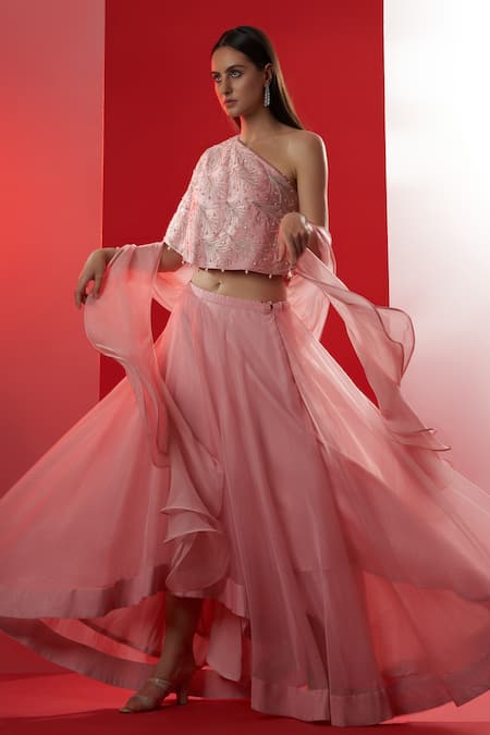 Suruchi Parakh_Pink Organza, Satin Silk One Shoulder Lehenga Set With Top _Online_at_Aza_Fashions
