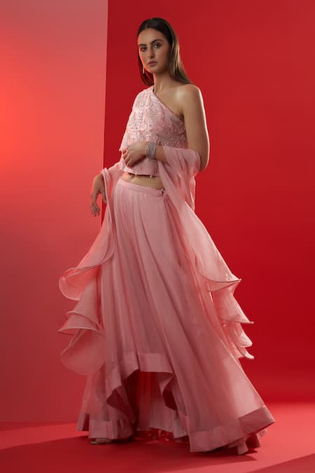 Buy_Suruchi Parakh_Pink Organza, Satin Silk One Shoulder Lehenga Set With Top _Online_at_Aza_Fashions