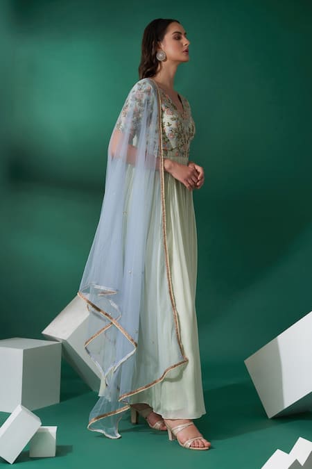 Suruchi Parakh_Green Cotton Silk Floral, Pearl, Thread, Mirrorwork V Neck Anarkali With Dupatta _Online_at_Aza_Fashions