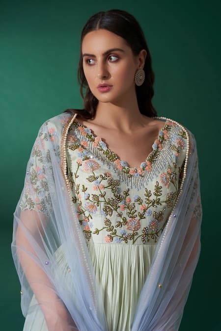 Buy_Suruchi Parakh_Green Cotton Silk Floral, Pearl, Thread, Mirrorwork V Neck Anarkali With Dupatta _Online_at_Aza_Fashions