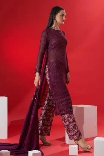 Suruchi Parakh_Maroon Georgette, Satin Sequin Round Embroidered Kurta Set _Online_at_Aza_Fashions