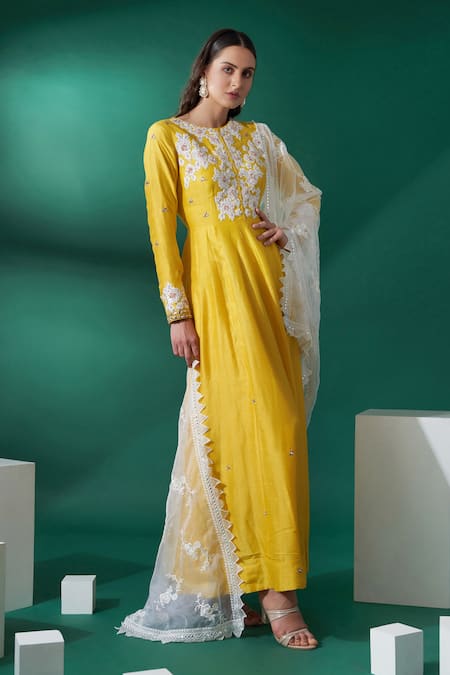 Suruchi Parakh_Yellow Georgette, Tussar Silk Floral, Sequin Embroidered Anarkali With Dupatta _Online_at_Aza_Fashions