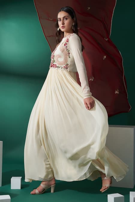 Suruchi Parakh_Beige Georgette, Tussar Silk Floral Embroidered Jacket And Anarkali With Dupatta _Online_at_Aza_Fashions