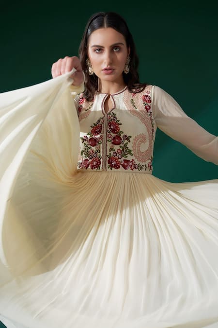 Buy_Suruchi Parakh_Beige Georgette, Tussar Silk Floral Embroidered Jacket And Anarkali With Dupatta _Online_at_Aza_Fashions