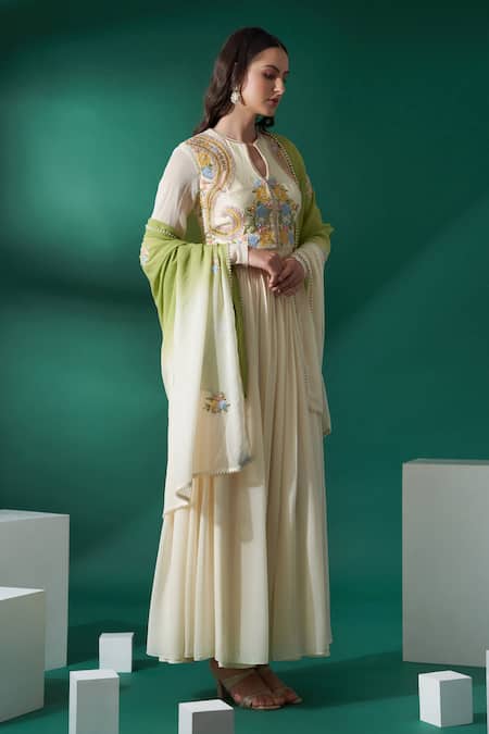 Suruchi Parakh_Beige Georgette And Tussar Silk Paisley & Floral Embroidered Jacket & Anarkali Set _Online_at_Aza_Fashions