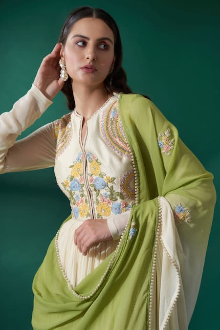 Buy_Suruchi Parakh_Beige Georgette And Tussar Silk Paisley & Floral Embroidered Jacket & Anarkali Set _Online_at_Aza_Fashions
