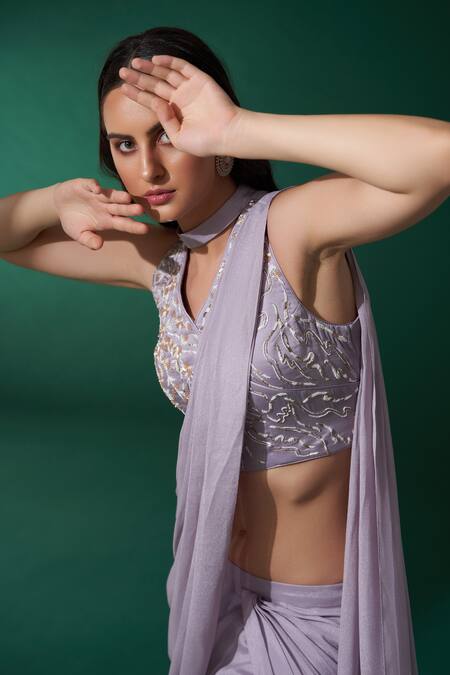 Buy_Suruchi Parakh_Purple Georgette Crepe And Satin Floral V Neck Pre-draped Saree With Blouse_Online_at_Aza_Fashions