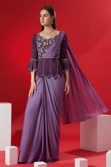 Suruchi Parakh_Purple Georgette Crepe Floral Scallop Neck Pre-draped Saree With Peplum Top_Online_at_Aza_Fashions