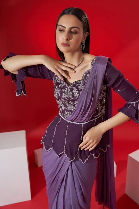 Buy_Suruchi Parakh_Purple Georgette Crepe Floral Scallop Neck Pre-draped Saree With Peplum Top_Online_at_Aza_Fashions