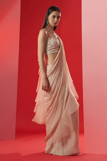 Suruchi Parakh_Beige Georgette Crepe And Satin Floral, Pre-draped Ruffle Saree With Blouse _Online_at_Aza_Fashions