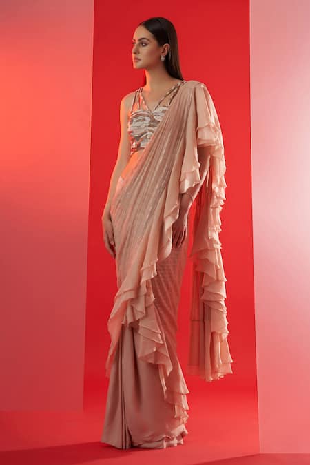 Suruchi Parakh_Beige Organza, Satin, Georgette Crepe Bead Pre-draped Ruffle Saree With Blouse _Online_at_Aza_Fashions