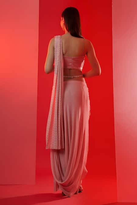 Shop_Suruchi Parakh_Pink Satin, Georgette Crepe Floral Sweetheart Neck Pre-draped Saree With Blouse _at_Aza_Fashions