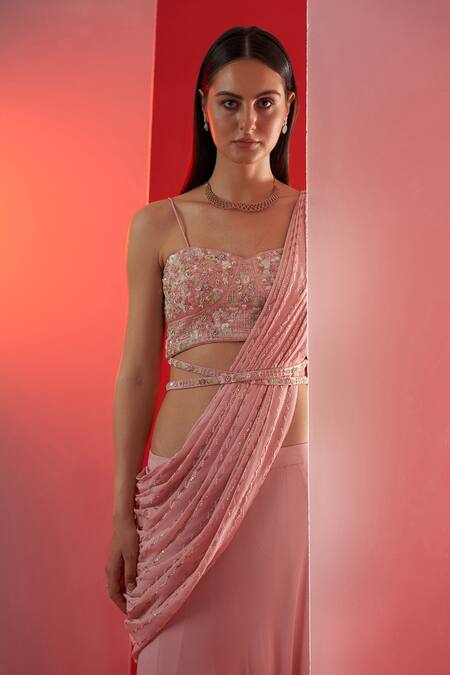 Shop_Suruchi Parakh_Pink Satin, Georgette Crepe Floral Sweetheart Neck Pre-draped Saree With Blouse _Online_at_Aza_Fashions