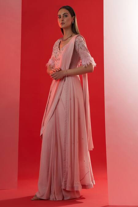 Suruchi Parakh_Pink Satin, Georgette Crepe Floral V Neck Pre-draped Saree With Blouse _Online_at_Aza_Fashions