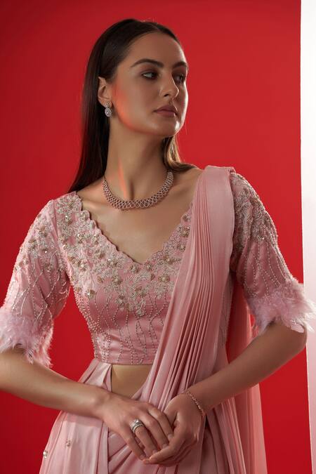 Buy_Suruchi Parakh_Pink Satin, Georgette Crepe Floral V Neck Pre-draped Saree With Blouse _Online_at_Aza_Fashions