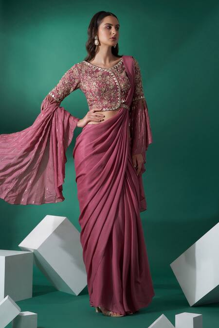 Suruchi Parakh_Pink Georgette Crepe Floral, Geometric V Pre-draped Saree With Ruffle Blouse_Online_at_Aza_Fashions