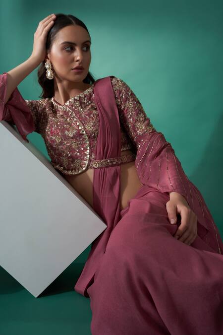 Buy_Suruchi Parakh_Pink Georgette Crepe Floral, Geometric V Pre-draped Saree With Ruffle Blouse_Online_at_Aza_Fashions