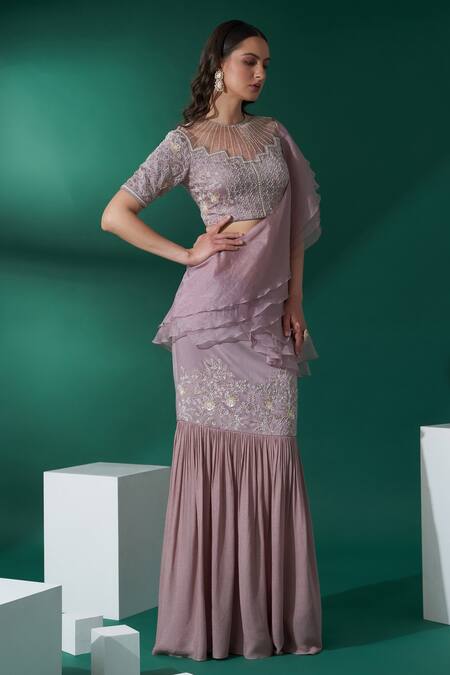 Suruchi Parakh_Beige Organza, Satin, Georgette Crepe Pre-draped Ruffle Saree With Blouse_Online_at_Aza_Fashions