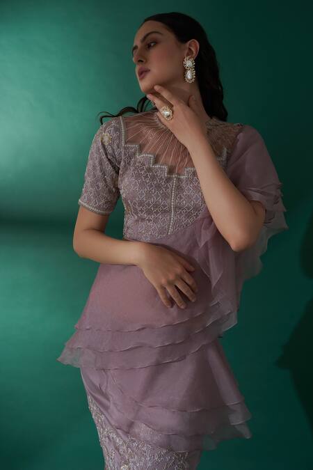 Buy_Suruchi Parakh_Beige Organza, Satin, Georgette Crepe Pre-draped Ruffle Saree With Blouse_Online_at_Aza_Fashions