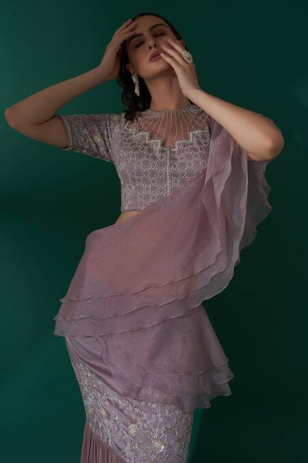 Shop_Suruchi Parakh_Beige Organza, Satin, Georgette Crepe Pre-draped Ruffle Saree With Blouse_Online_at_Aza_Fashions