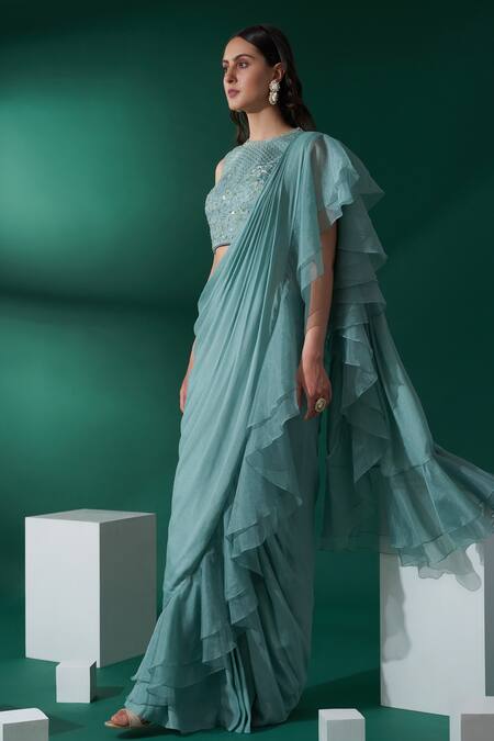 Buy_Suruchi Parakh_Green Organza, Satin, Georgette Crepe Pre-draped Ruffle Saree With Blouse_Online_at_Aza_Fashions